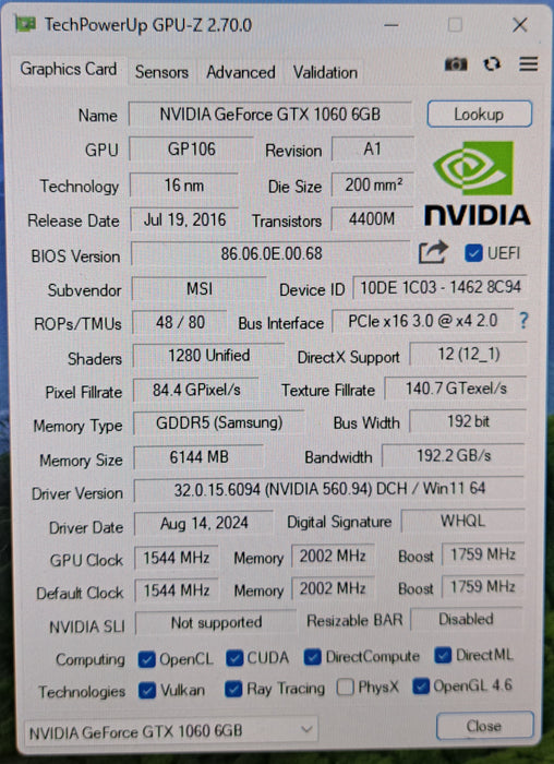 MSI NVIDIA GeForce GTX 1060 6GT OC 6GB GDDR5 Graphics Card