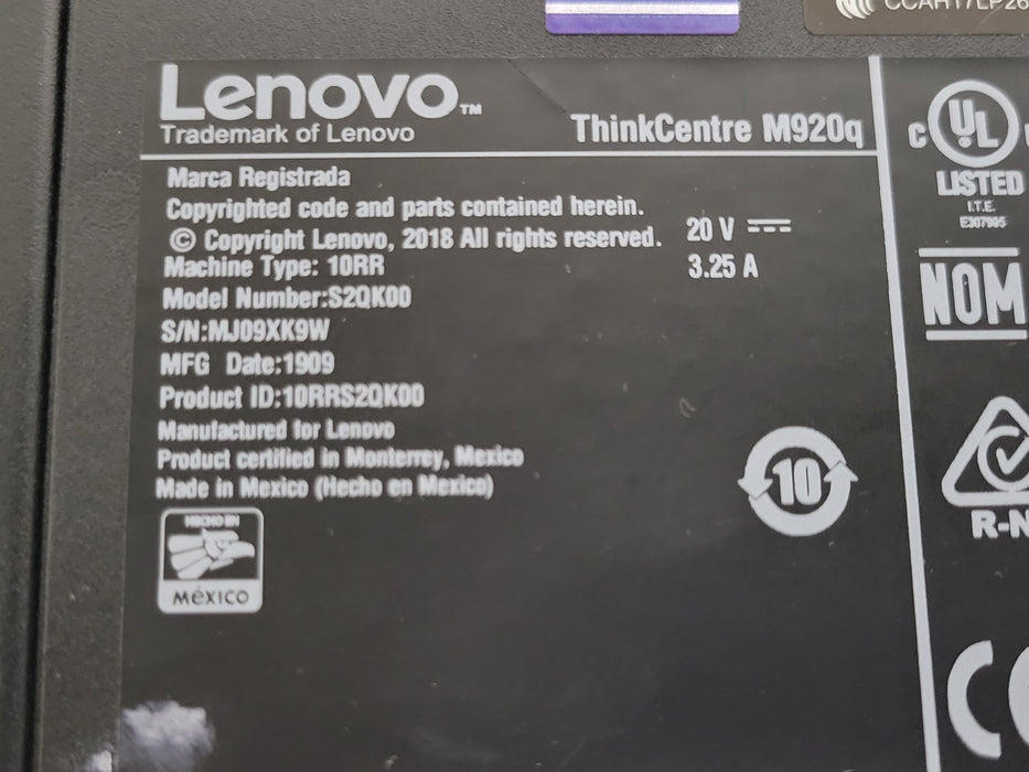 Lenovo ThinkCentre M920q Tiny PC, Core i5 8500T, 8GB RAM, 128GB SSD, WIFI, READ