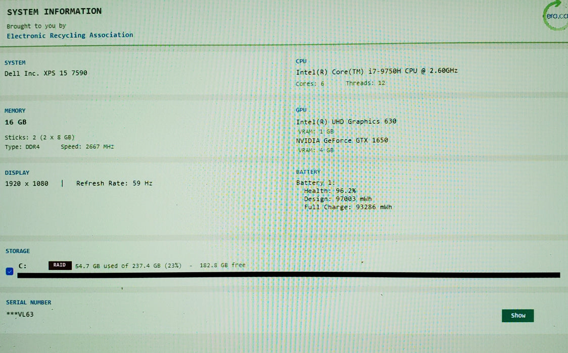 Dell XPS 15 7590 15" i7-9750H GTX1650 4GB GPU 16GB RAM 256GB SSD