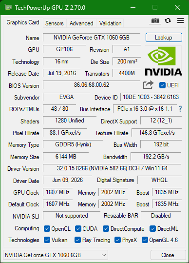 EVGA GTX 1060 6GB Graphics Card
