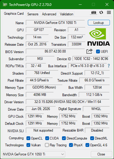 MSI GTX 1050 Ti 4GB LP Graphics Card