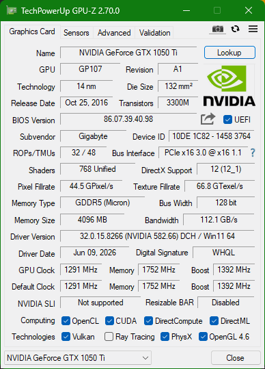 Gigabyte GTX 1050Ti 4GB Graphics Card