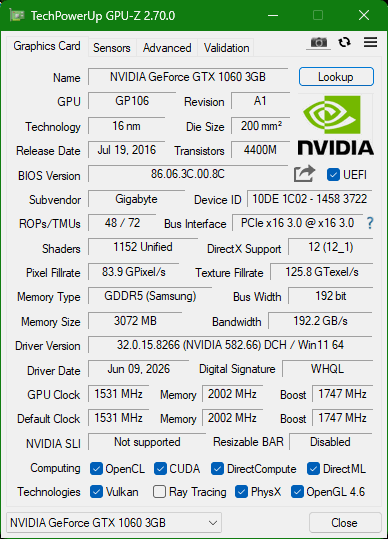 Gigabyte GTX 1060 3GB Graphics Card