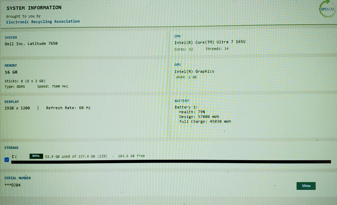 Dell Latitude 7650 Intel Core Ultra 7 165U 2.10GHz 16GB RAM 256GB SSD READ