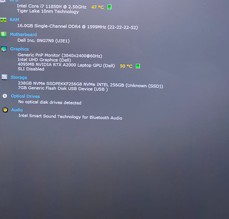 Dell Precision 5560 4K TOUCH i7-11850H RTXA2000 16GB RAM 256SSD No Power Adapter