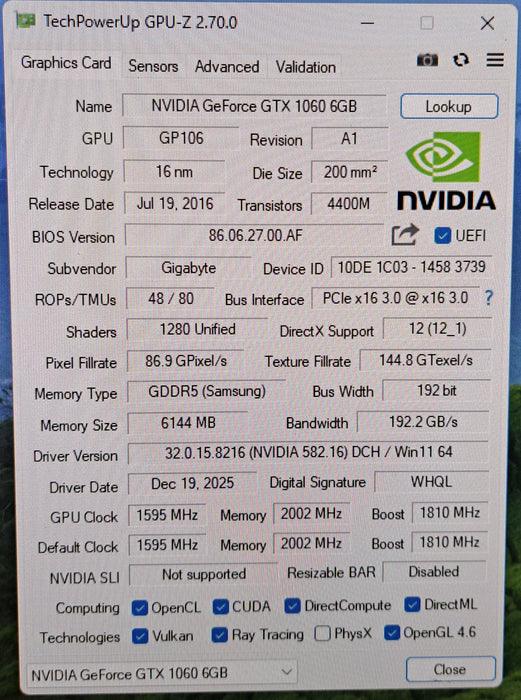 Gigabyte NVIDIA GTX 1060 6GB GDDR5 Graphics Card | GV-N1060G1 GAMING-6GD