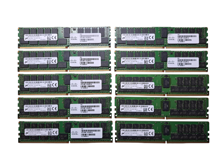 Lot of 10x Micron 32GB 2RX4 PC4-2400T-RB1 DDR4 Server Memory MTA36ASF4G72PZ-2G3B