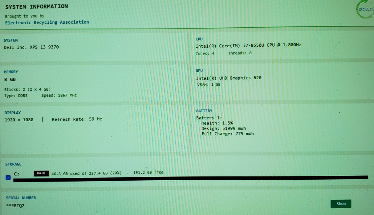 Dell XPS 13 9370 Core i7-8550U@1.8GHz 8GB RAM 256GB SSD READ