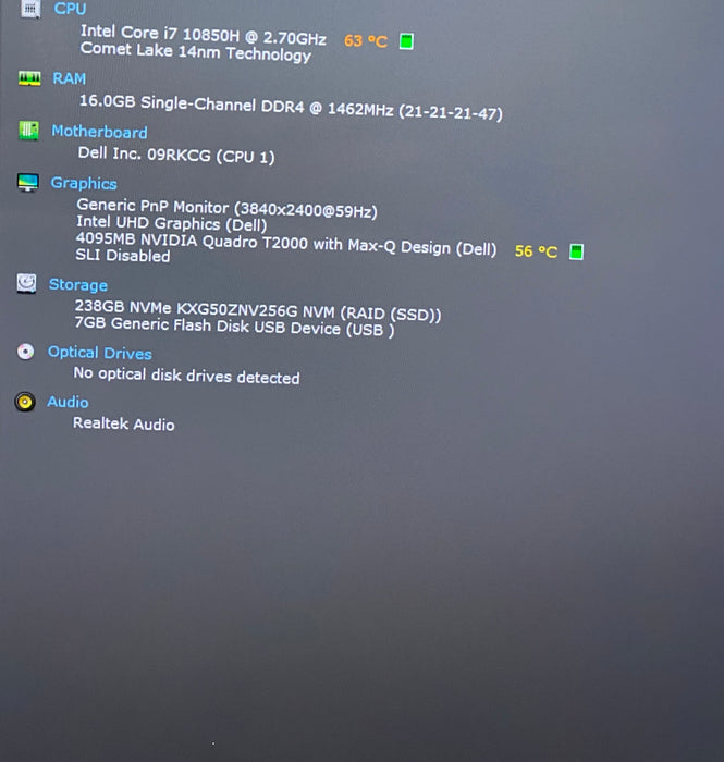 Dell Precision 5550 4KTOUCH i7-10850H T2000 GPU 16GB RAM 256SSD No Power Adapter