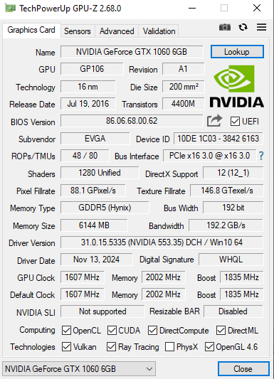 EVGA NVIDIA GeForce GTX 1060 6GB GDDR5