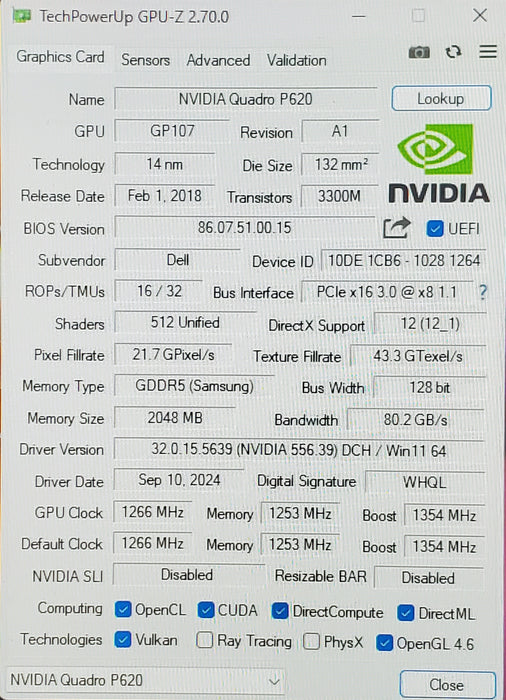 Nvidia Quadro P620 2GB GDDR5 4x Mini-DisplayPort PCIe GPU Full-Height Bracket