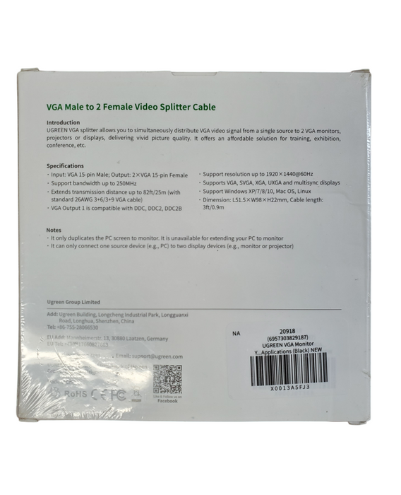 NEW - UGREEN VGA Male to 2 Female Video Splitter Cable