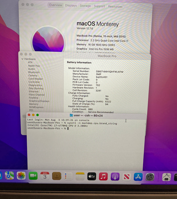 Apple MacBook Pro Retina 15" Mid 2015 i7-4770HQ 16GB RAM 256GB SSD READ!
