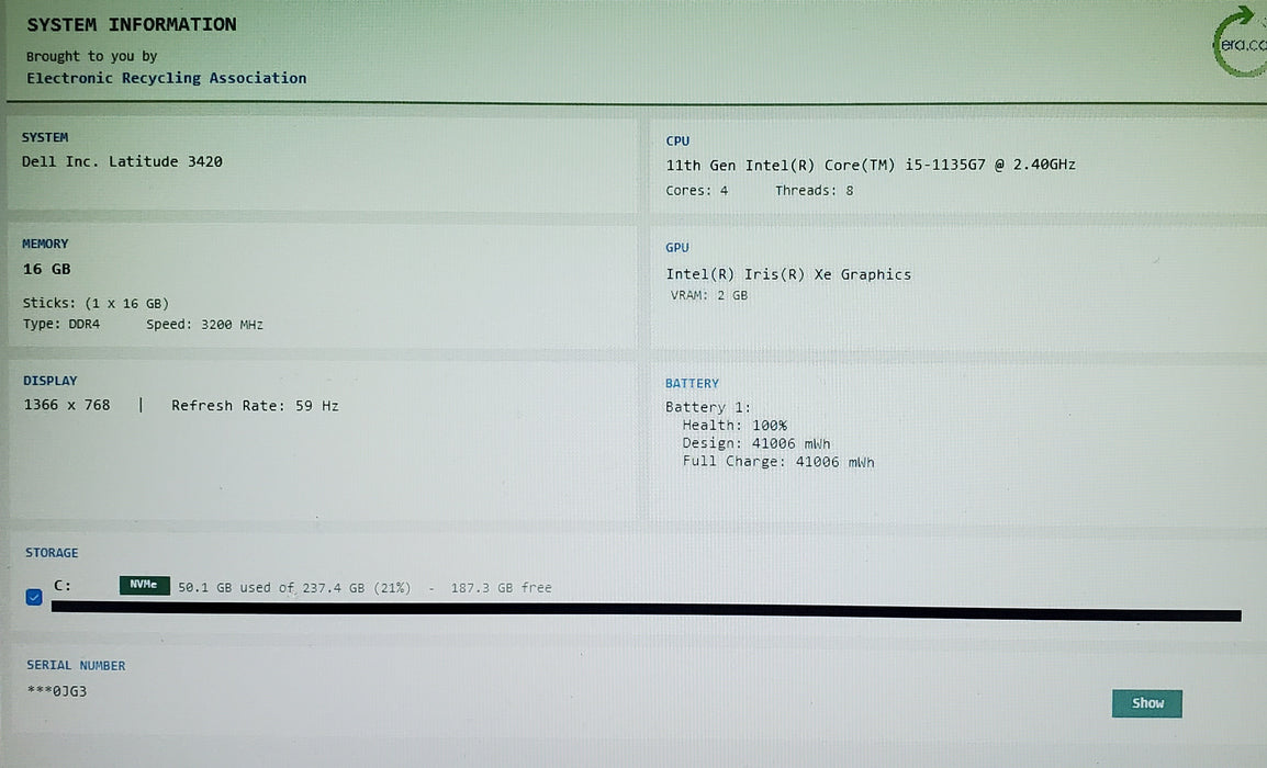 Dell Latitude 3420 i5-1135G7 - 16GB RAM - 256 GB NVME
