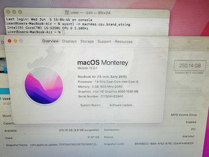 Apple Macbook Air 2015 13\\" 2-Core i5-5250U @ 1.6GHz 4GB DDR3 250GB SSD (