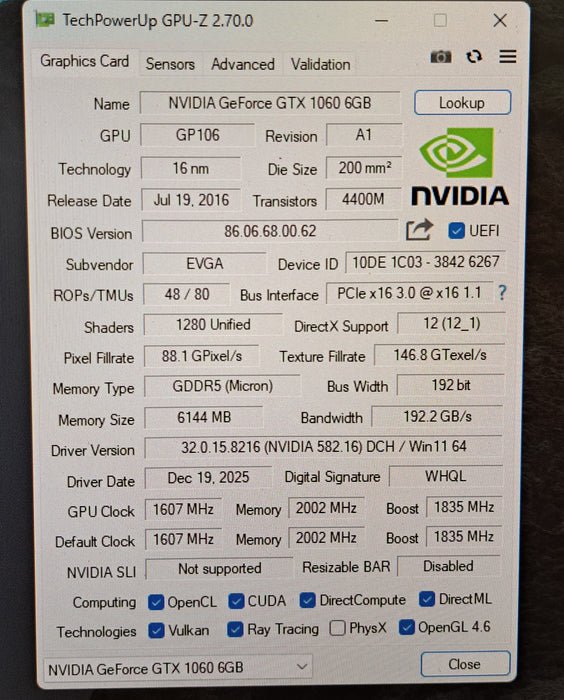 EVGA GeForce GTX 1060 SSC 6GB GDDR5 ACX 3.0 Gaming Graphics Card