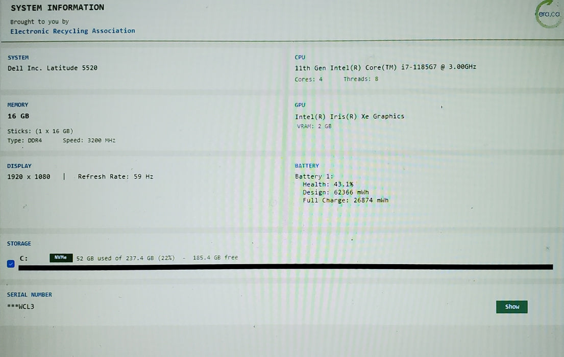 Dell Latitude 5520 i7-1185G7 16GB DDR4 256GB NVMe
