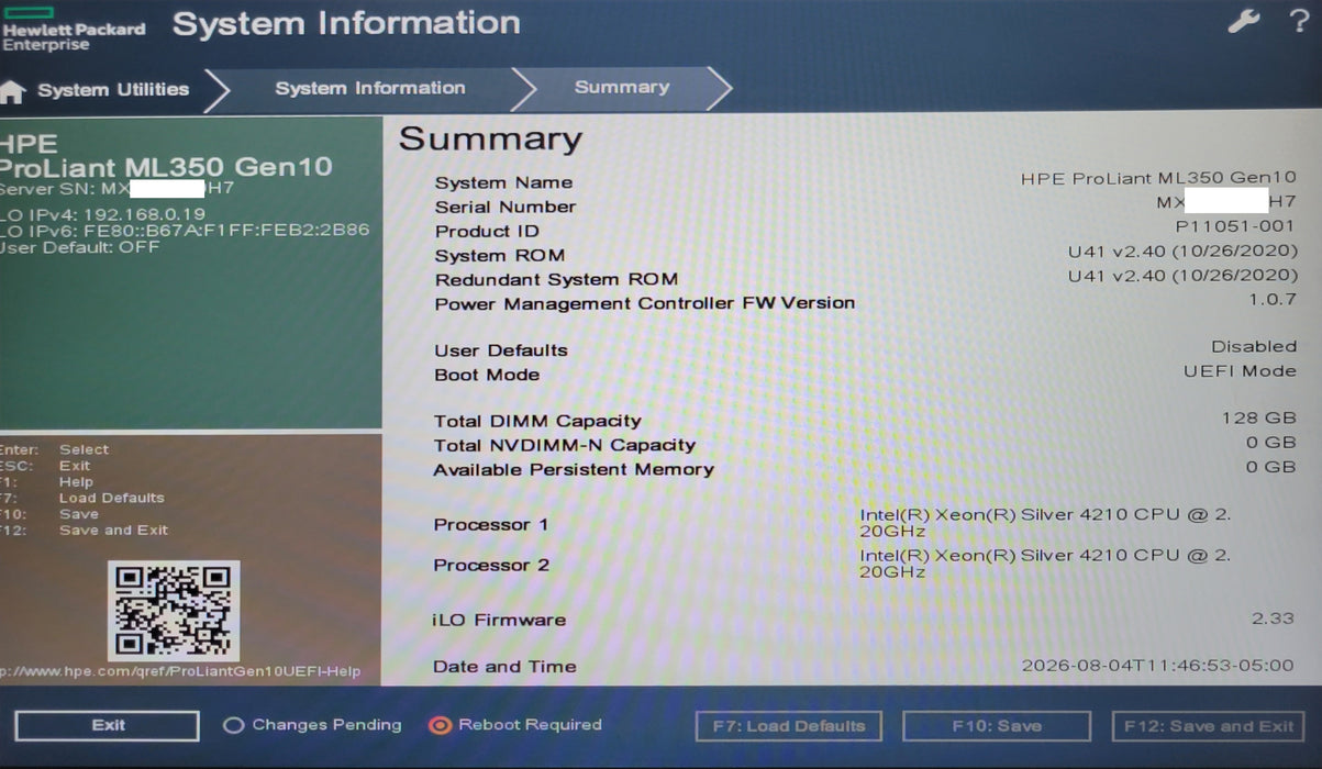 HPE ProLiant ML350 G10, 2x Xeon SIVLER 4210 2.20GHz, 128GB, P408i-a SR G10, READ