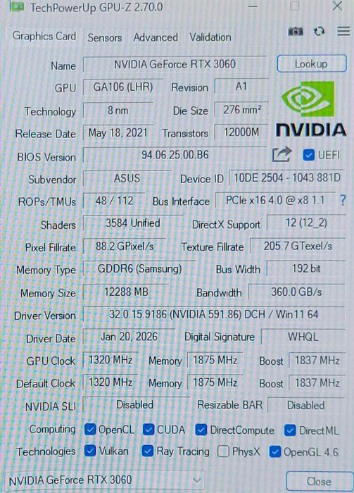 Asus GeForce RTX Dual-RTX3060-012G-MINI-I3S 12gb gddr6 Graphics card