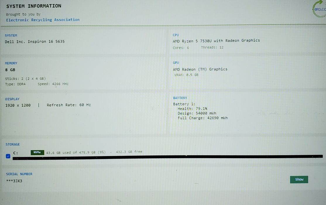 Dell Inspiron 16 5620 RYZEN 5 7530U 8GB RAM 512GB SSD READ
