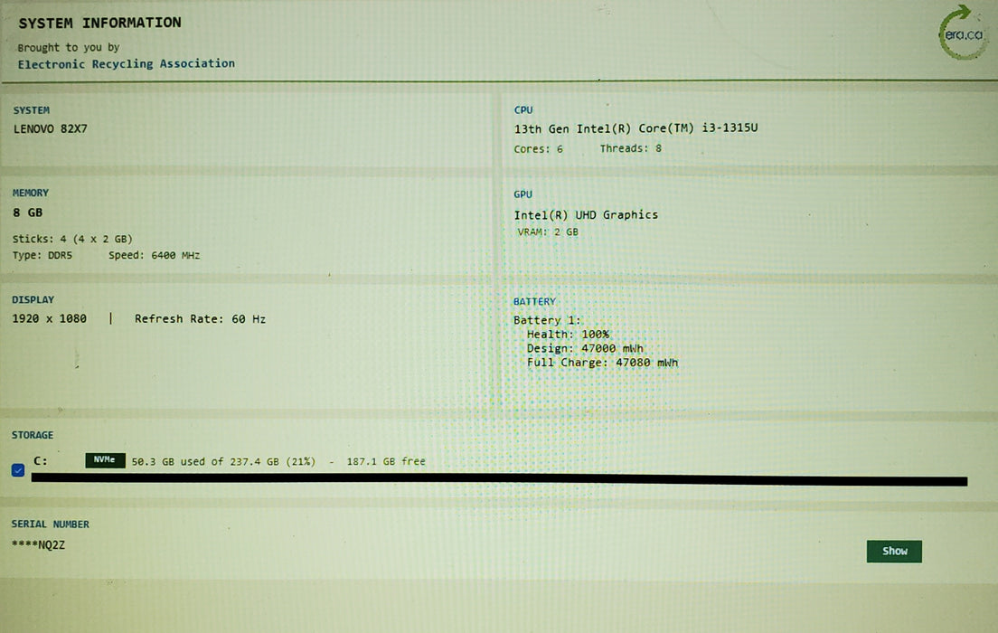 Lenovo IdeaPad Slim 3 15IRU8 15.6in i3-1315U 8GB RAM 256GB SSD