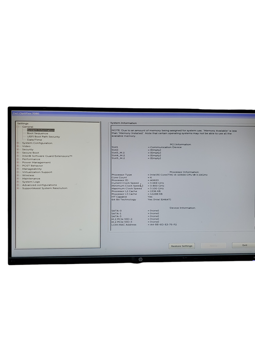 Dell Optiplex 7080 SFF Intel i5-10500 CPU 3.1GHz 8GB RAM No HDD/SSD