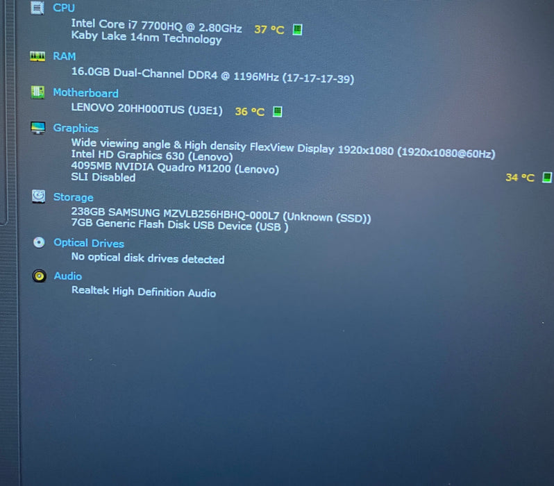 Lenovo ThinkPad P51 i7-7700HQ 2.80GHz QUADRO M1200 4GB GPU 16GB RAM 256GB SSD