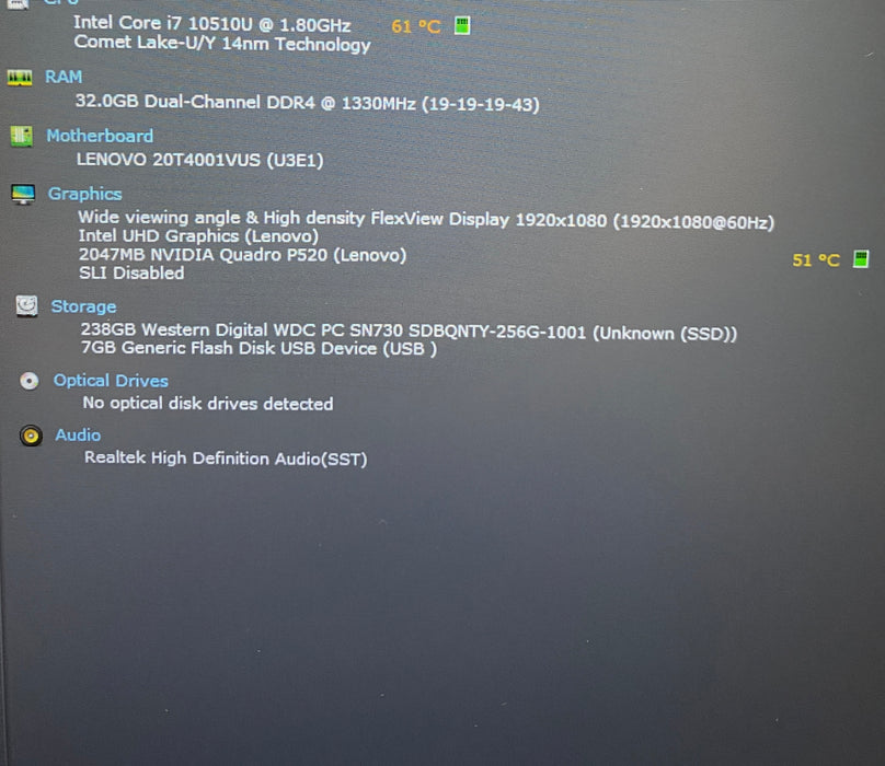 Lenovo ThinkPad P15s i7-10510U 1.80GHz QUADRO P520 2GB GPU 32GB RAM 256GB SSD