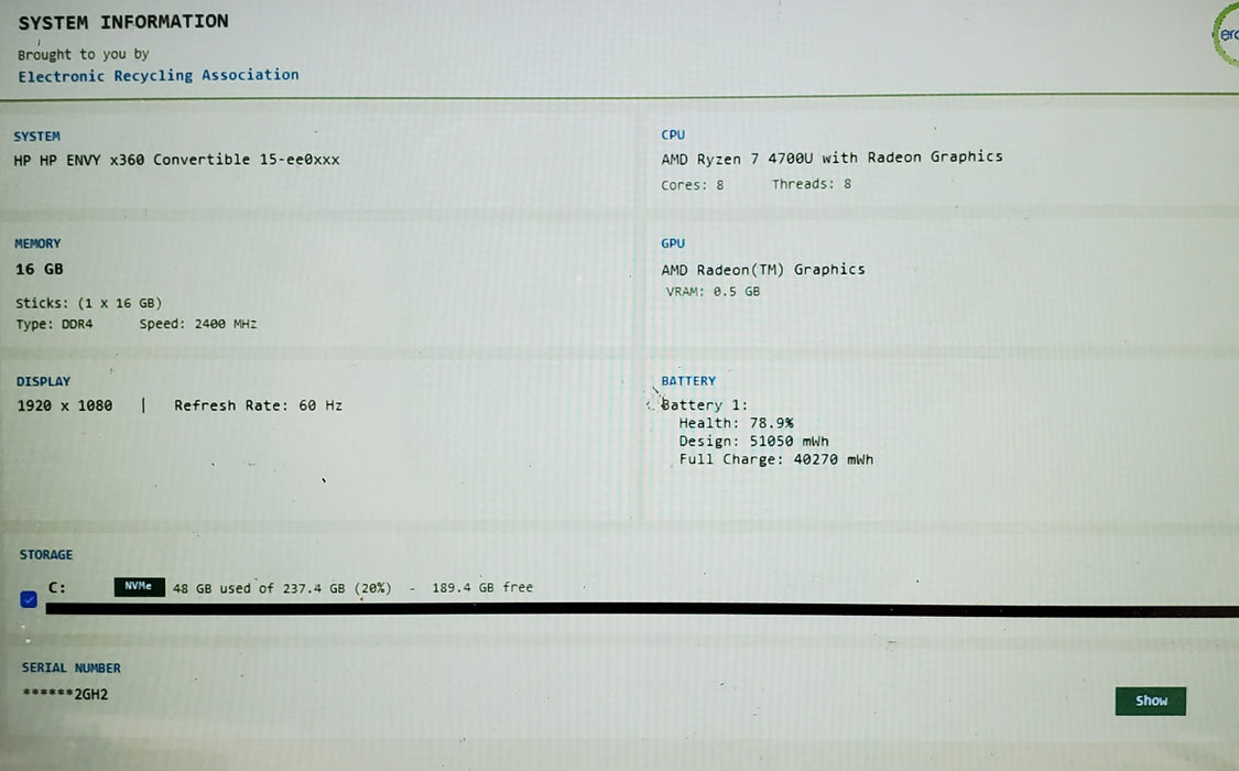 HP ENVY x360 Convertible 15 TOUCH RYZEN 7 4700U 16GB RAM 256GB SSD READ