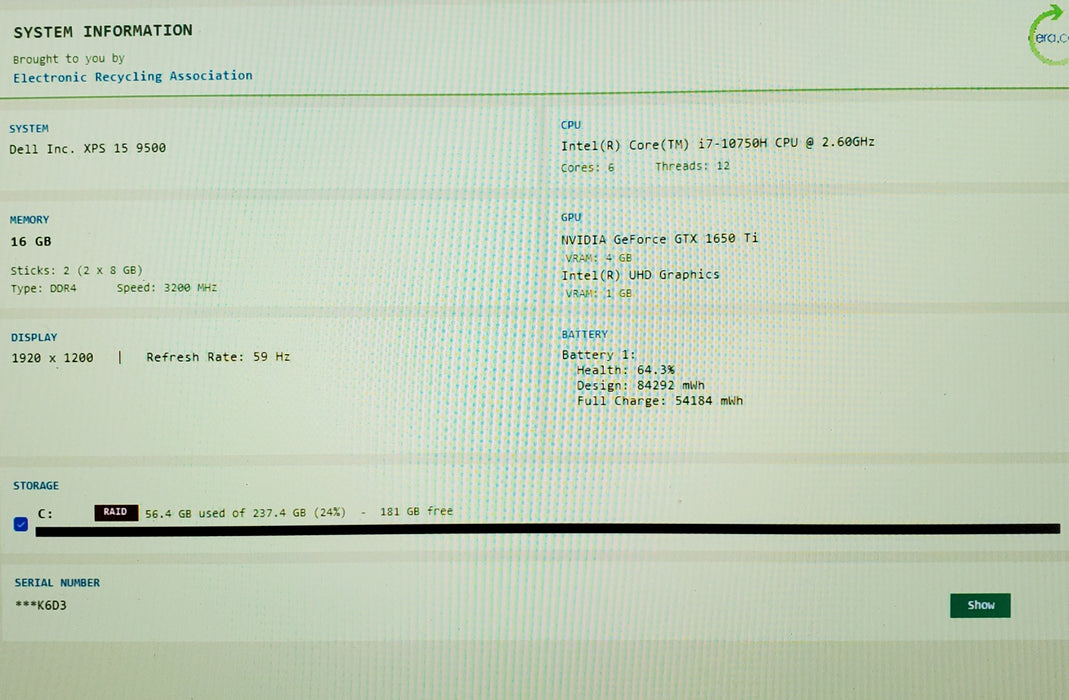 Dell XPS 15 9500 i7-10750H GTX1650 4GB GPU 16GB RAM 256GB SSD No Power Adapter