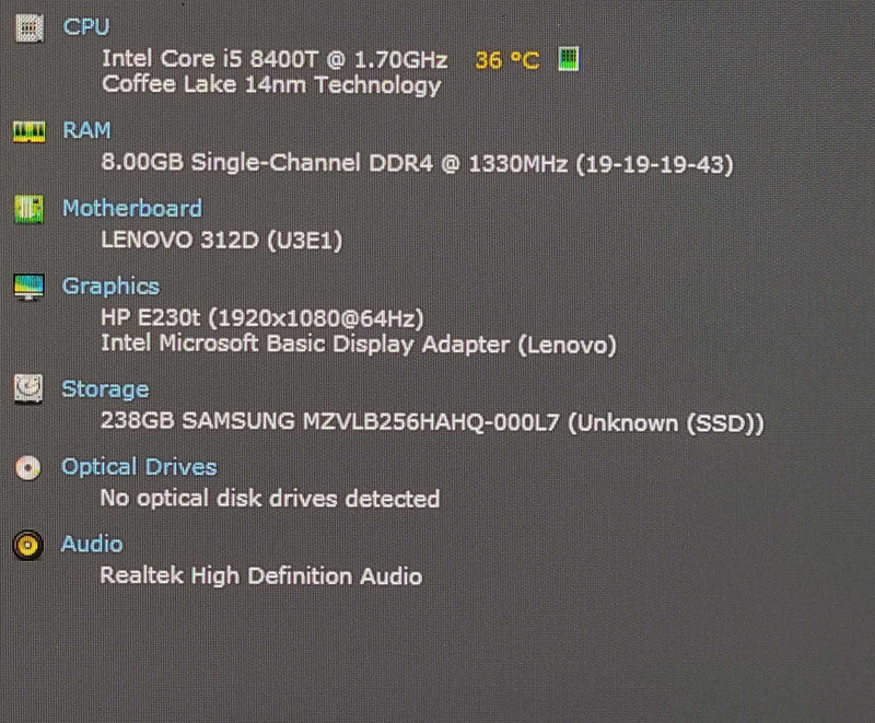 Lenovo ThinkCentre M720q, i5-8400T 1.70GHz 6Core, 8GB DDR4, 256NVMe, WiFi