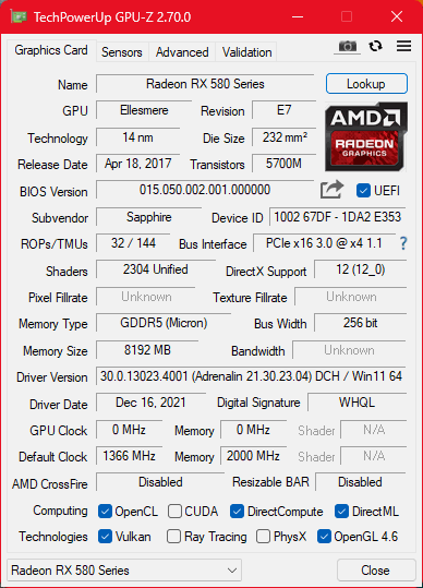 Sapphire Pulse RX580 8GB Graphics Card