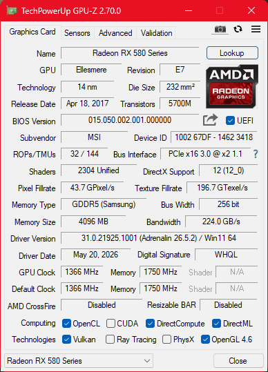 MSI RX580 4GB Graphics Card