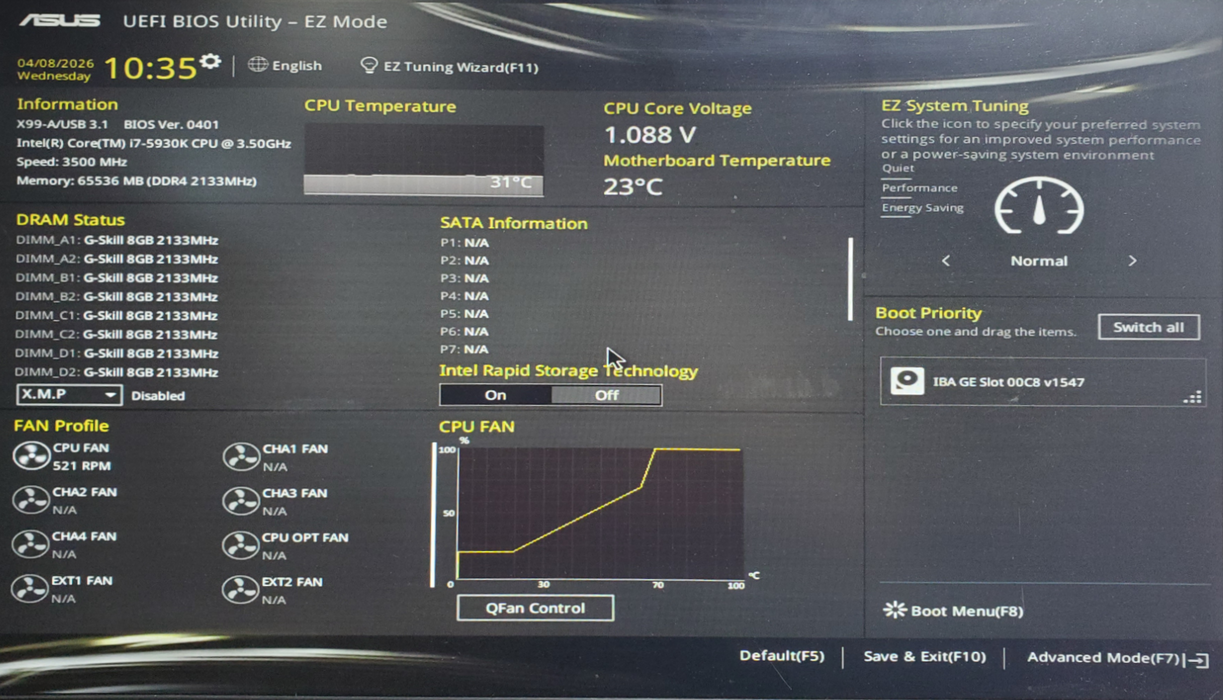 ASUS X99-A/USB 3.1 Motherboard, Intel Core i7-5930K, 64GB DDR4 - No I/O Shield