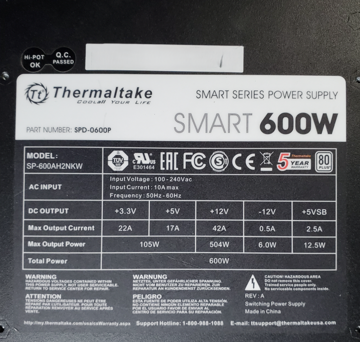 Thermaltake Smart Series 600W 80+ Desktop Power Supply - SP-600AH2NKW