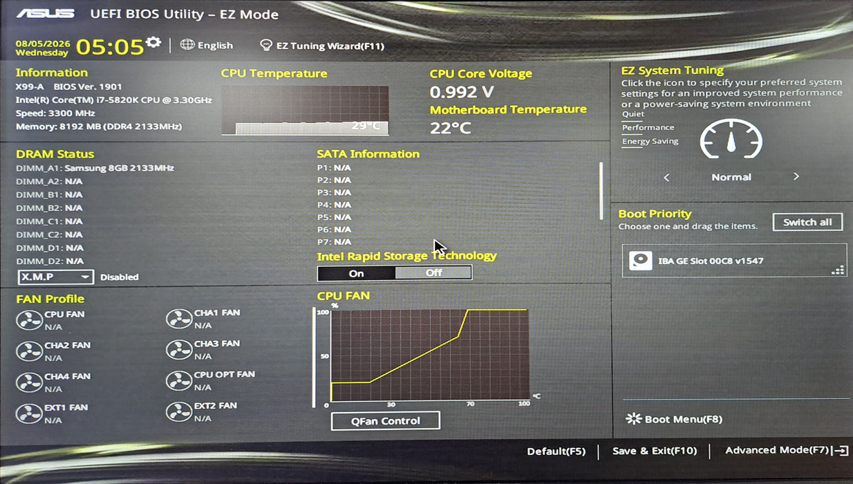 Asus X99-A Motherboard w/ Intel Core i7-5820K @3.30GHz, 8GB DDR4, No I/O