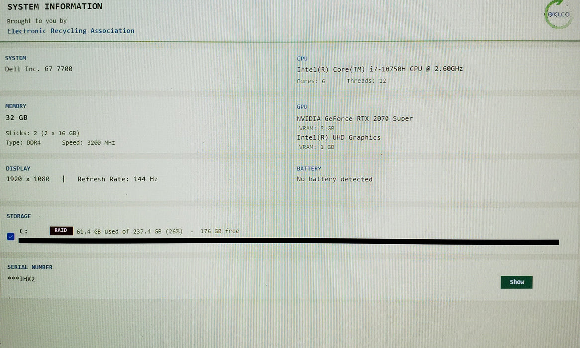 Dell G7 7700 i7-10750H RTX2070 8GB GPU 32GB 256GB SSD READ