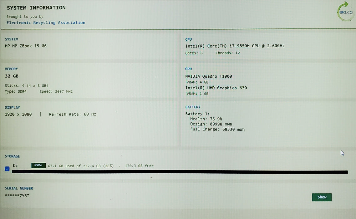 HP ZBook 15 G6 i7-9750H@2.6GHz QUADRO T1000 4GB GPU 32GB RAM 256GB SSD