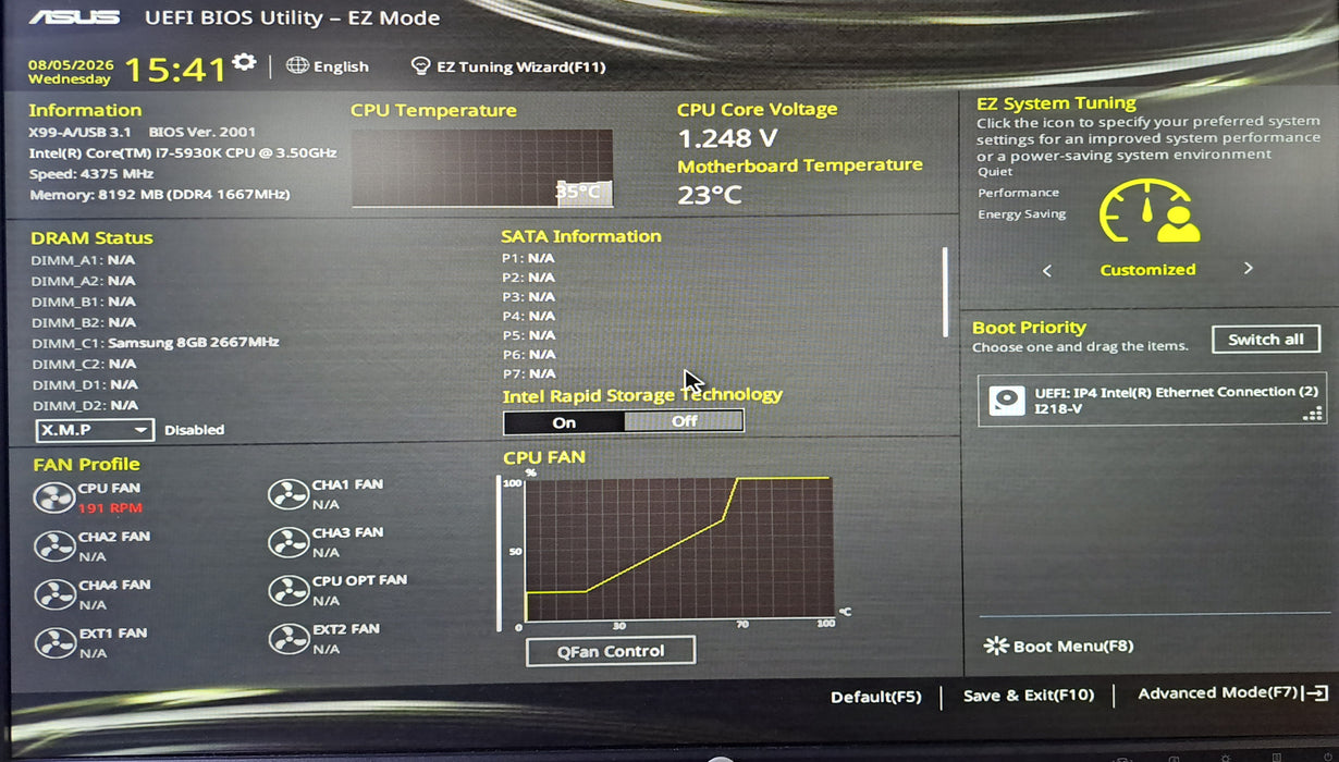 Asus X99-A/USB3.1 Motherboard w/ Intel Core i7-5930K @3.50GHz, 8GB RAM, No I/O