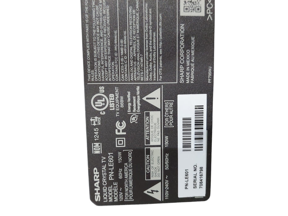 Sharp 60" Liquid Crystal TV Model: PN-LE601