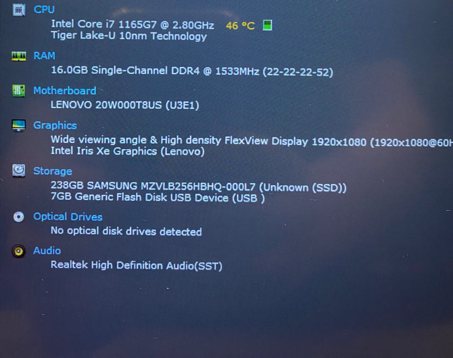 Lenovo ThinkPad T14 Gen 2 TOUCH Intel Core i7-1165G7 2.80GHz 16GB RAM 25GB SSD