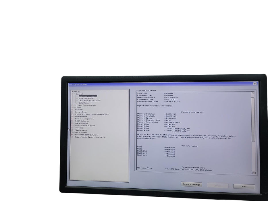 Dell Optiplex 7080 SFF i7 - 10700 @ 2.90GHz 16GB DDR4 Ram No HDD