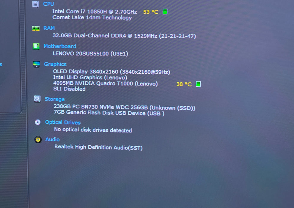 Lenovo ThinkPad P15 Gen1 4K TOUCH i7-10850H NVIDIA T1000 4GB GPU 32GB RAM 256SSD