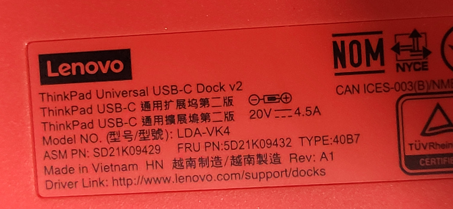 Lenovo ThinkPad Universal USB-C Dock V2 40B7 LDA-VK4 w/ 90W Power Supply