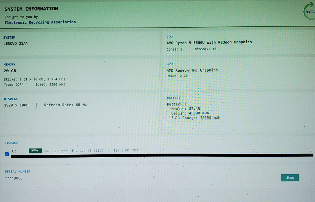 Lenovo Thinkbook 15 G3 ACL AMD Ryzen 5 5500U 20GB RAM 256GB SSD