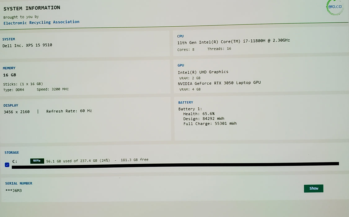 Dell XPS 15 9510 4K TOUCH i7-11800H RTX3050 16GB RAM 256GB SSD No Power Adapter