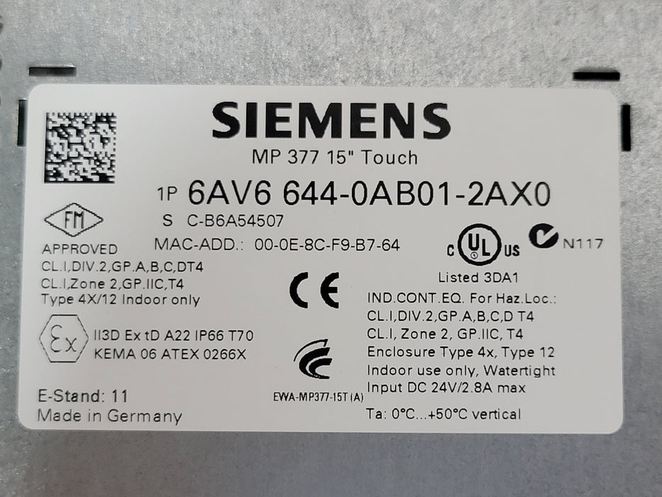 SIEMENS 6AV6 644-0AB01-2AX0 SIMATIC MP 377 15" Touch Panel, READ