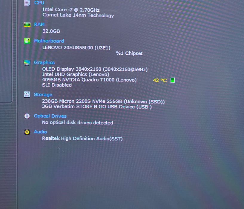 Lenovo ThinkPad P15 Gen 1 4K OLED TOUCH i7-10850H QUADRO T1000 32GB RAM 256SSD