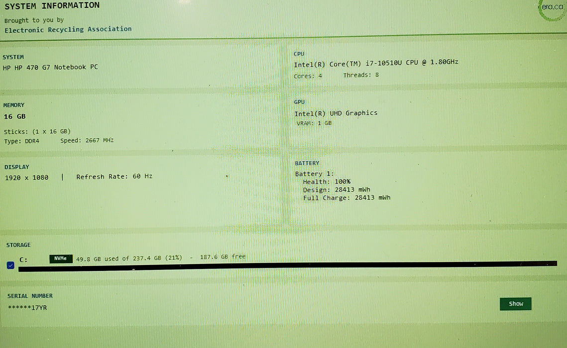 HP 470 G7 17.3" i7-10510U 16GB RAM 256GB SSD DVDRW