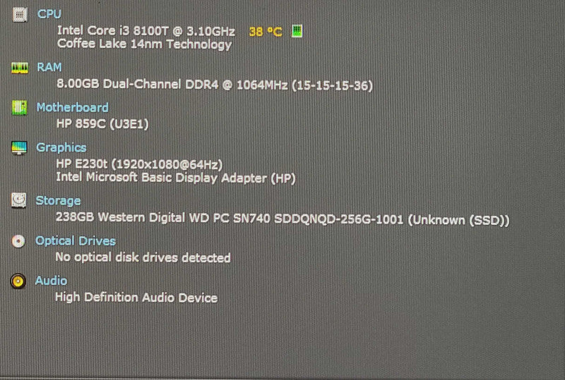 HP ProDesk 400 G5 Desktop Mini, i3-9100T 3.10GHz 4C, 8GB DDR4, 256GB NVMe, WiFi, PWR